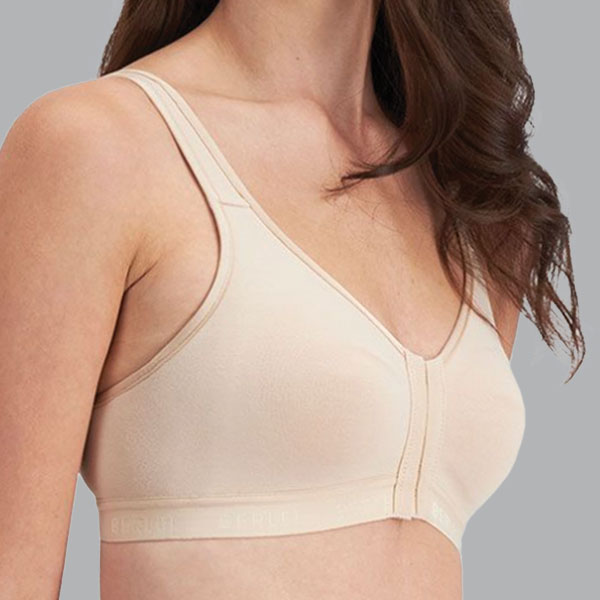 Perspective view of the Y130W Post Surgery Bra showing the lower cleavage, wider front strap, and tapering underarm band.