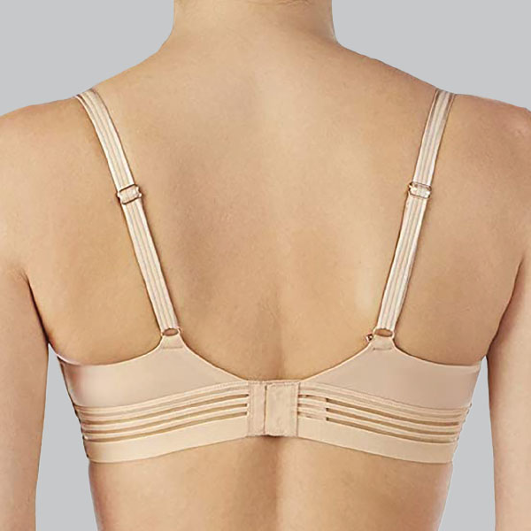 Back of the natural Le Mystere Second Skin padded wireless bra showing narrower band and straps.