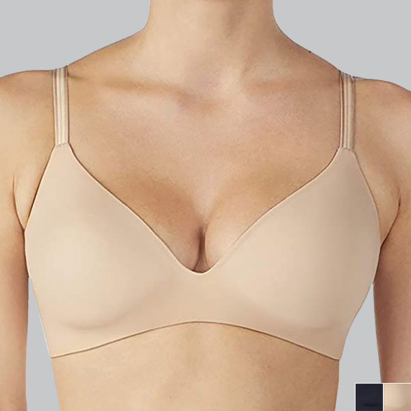Front of the natural Le Mystere Second Skin padded wireless bra showing cleavage and T-shirt bra seamless cup.