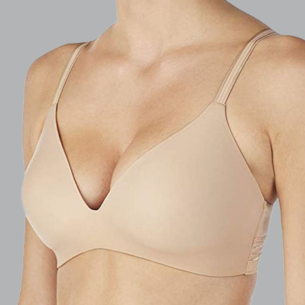 Perspective view of the front of the Le Mystere Second Skin padded wireless bra showing teardrop breast shape and cleavage.