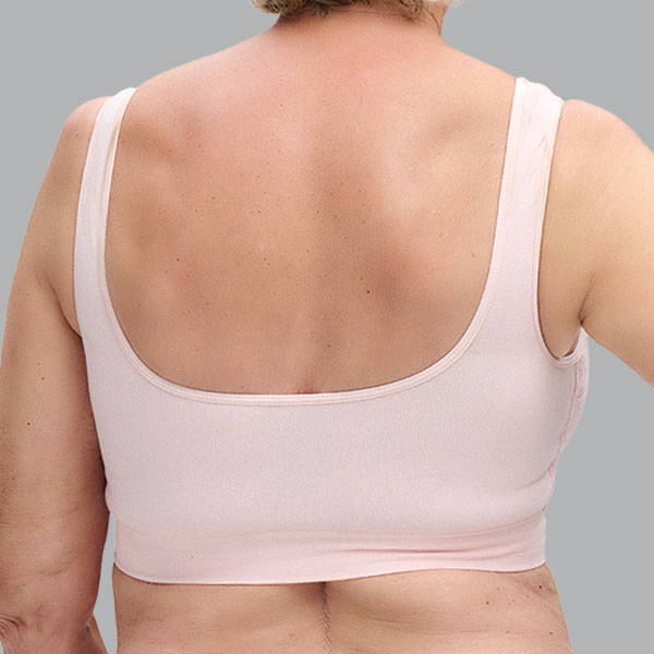 Back of the Nicola Jane Amber bamboo mastectomy crop top showing the higher back and underarm, and wider straps.