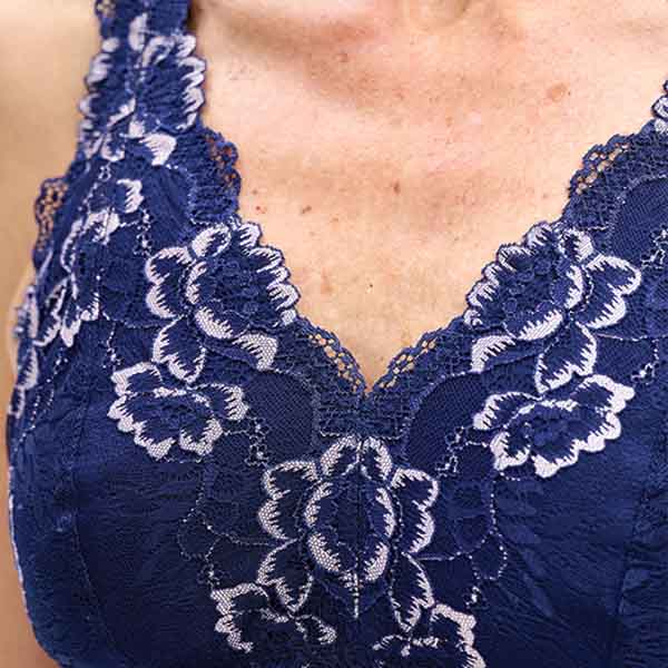 Close-up of the Nicola Jane Lola lace mastectomy bralette showing the flora lace pattern.