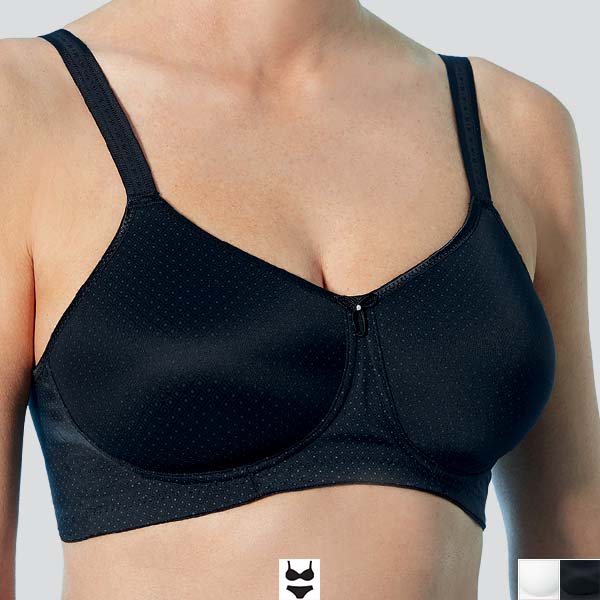 Front of the black Silima Anna padded wireless bra showing the seamless T-shirt bra breast shape, and narrow straps.