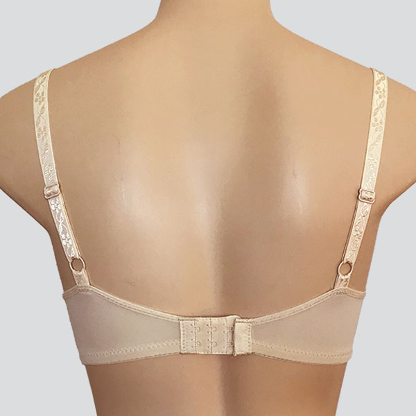 Back of the beige ABC Petite 105 padded wireless bra showing narrower band and straps.