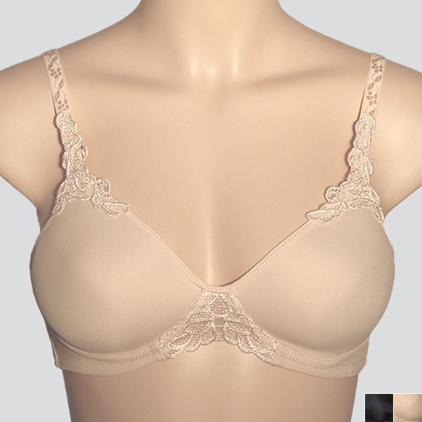Front of the beige ABC Petite 105 padded wireless bra showing the lace detailing to the cleavage and narrower straps.