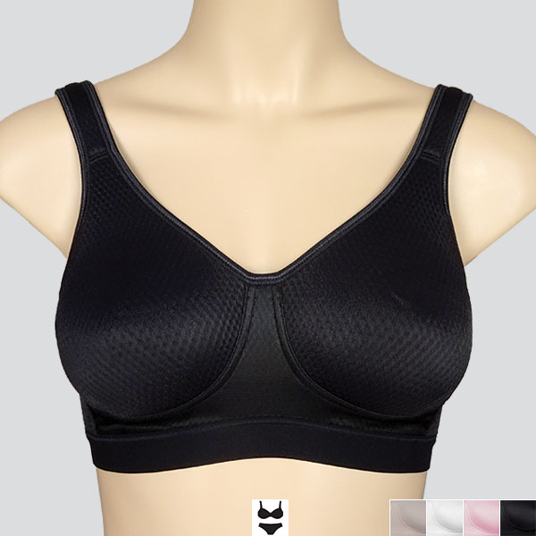 Front of the black ABC Everyday Comfort soft wireless bra showing the rounded V-neckline and slightly wider underbust band.