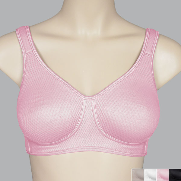Front of the pink ABC Everyday Comfort soft wireless bra showing the slightly wider underbust band and wider padded straps.
