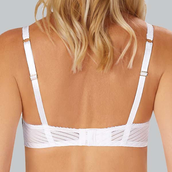 Back of the white/light sand Amoena Karolina padded wireless bra showing narrower band and straps.