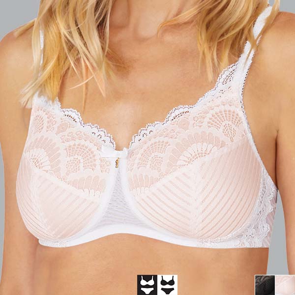 Front of the white/light sand Amoena Karolina padded wireless bra showing the lace upper cup and patterned fabric below.