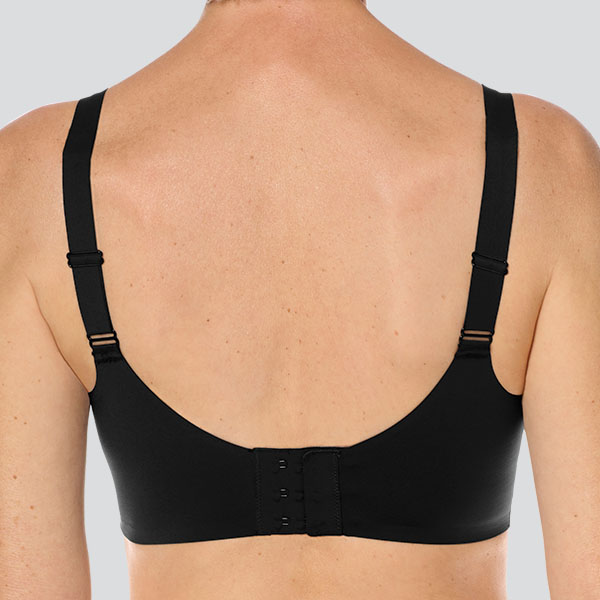 Back of the Amoena Aylin soft wire free mastectomy bra showing the higher underarm band and medium width back band.