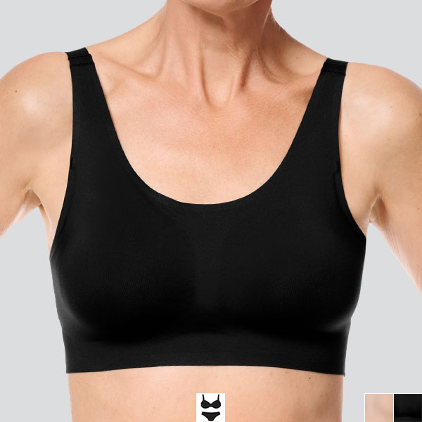 Front of the black Amoena Aylin soft wire free mastectomy bra showing the high neckline and slightly wider band and straps.