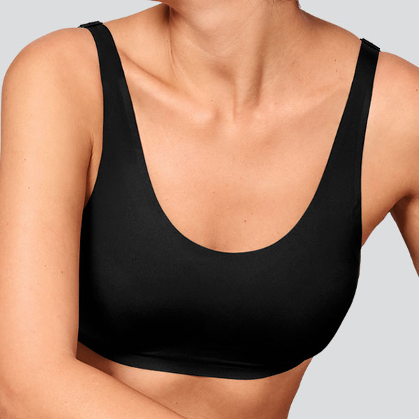 Front perspective view of the Amoena Aylin soft wire free mastectomy bra showing the smooth fit and rounded higher neckline.