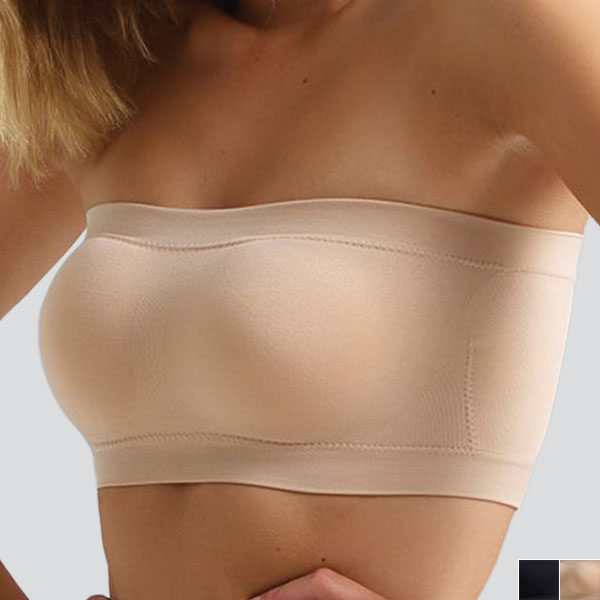 Side perspective of the rose beige Ambra Bare Essentials padded bandeau showing breast shape strapless bandeau design.