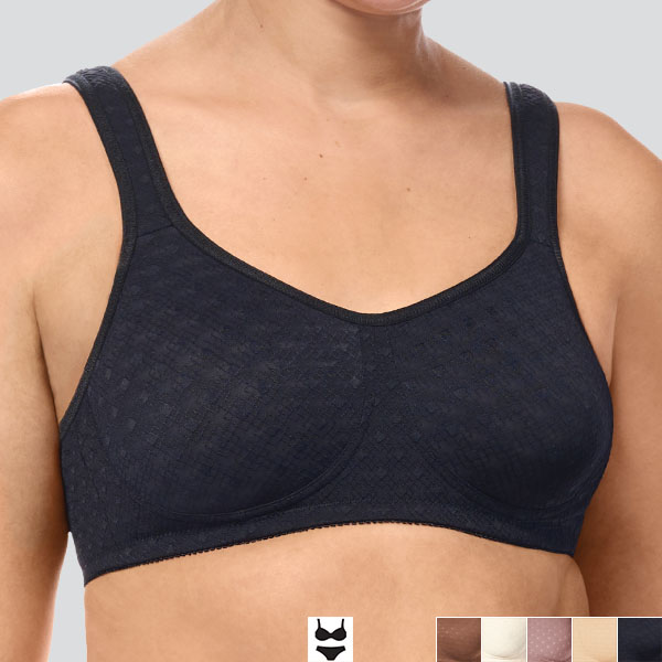 Front of the black Amoena Tiana soft wireless bra showing the slightly V-shaped medium cleavage and wider padded straps.