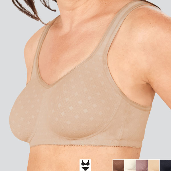 Side perspective of the sand Amoena Tiana soft wireless bra showing the medium height upward curving underarm band.