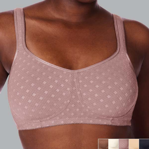 Front of the mauve Amoena Tiana soft wireless bra showing the medium cleavage, narrower underbust band, and moulded cups.
