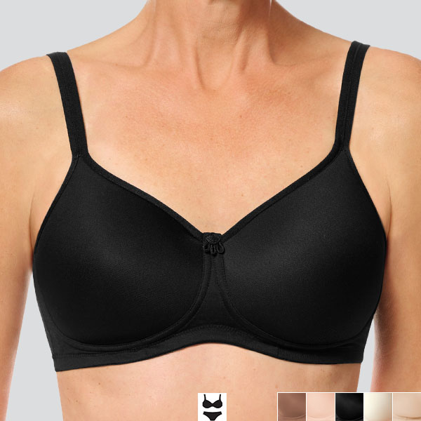 Front of the black Amoena Mara padded wireless bra showing the more V-shaped cleavage, medium underarm and narrower band.