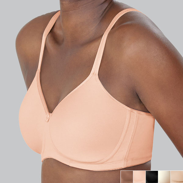 Front perspective view of the blush Amoena Mara padded wireless bra showing the rounded T-shirt cup shape and narrow straps.