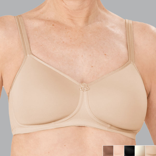 Front of the light sand Amoena Mara padded wireless bra showing the lower cleavage, narrow straps and rounded breast shape.