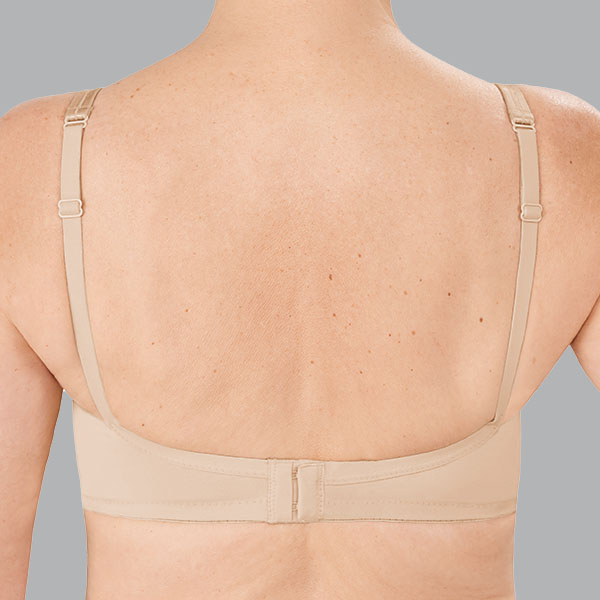 Back of the light sand Amoena Mara padded wireless bra showing narrower band and straps.