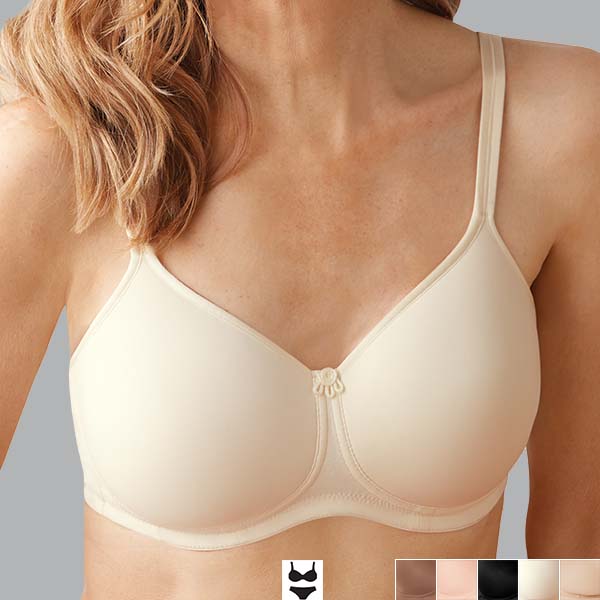Front of the off-white Amoena Mara padded wireless bra showing the narrower underbust band and rounded padded cup shape.