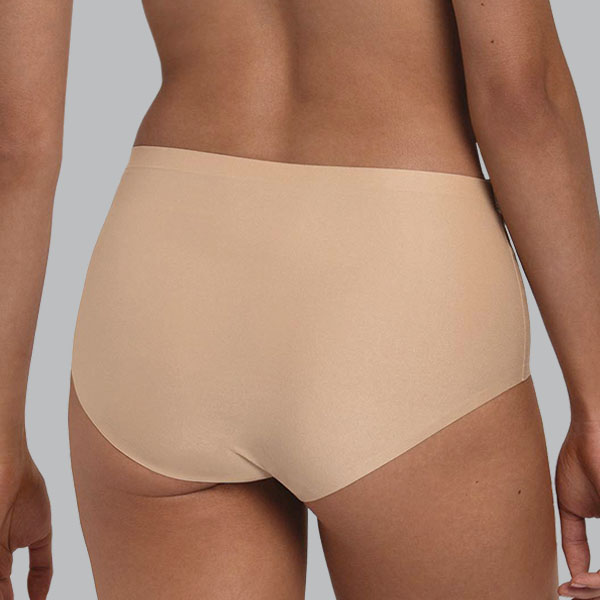 Back of the Deep Sand Anita Essentials High Waist Brief showing the high waist, fuller buttock cover and lower over the hip shape.