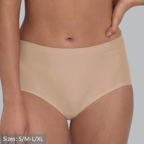 The front of the Deep Sand Anita Essentials High Waist Brief showing the high waist and lower over the hip shape.