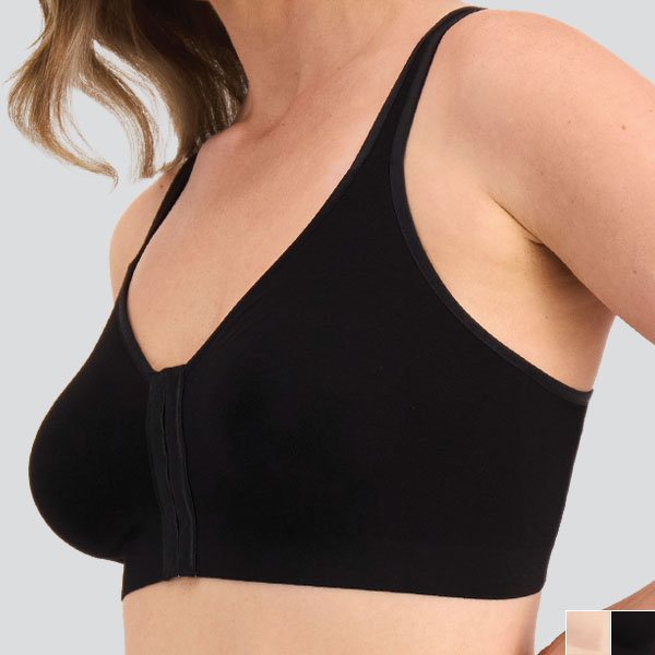 Side of the black Berlei YWKX post-surgery bra showing the medium cleavage, and medium height upward curing under arm band.