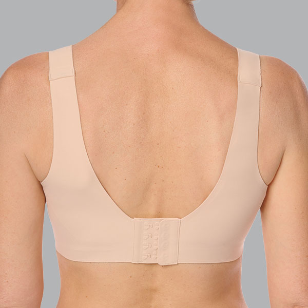 Back of the Sand coloured Amoena Linda Lymph Care Wireless Soft Bra showing the narrower back band and wider straps.