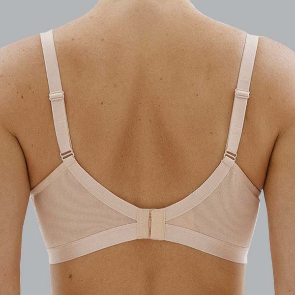 Back of the nude Megami Lotus adaptive wireless bra showing narrower band and straps.