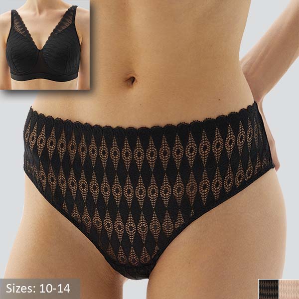 Front of the black Megami Floria Brief showing the medium waist height, higher leg opening, and diamond patter lace.