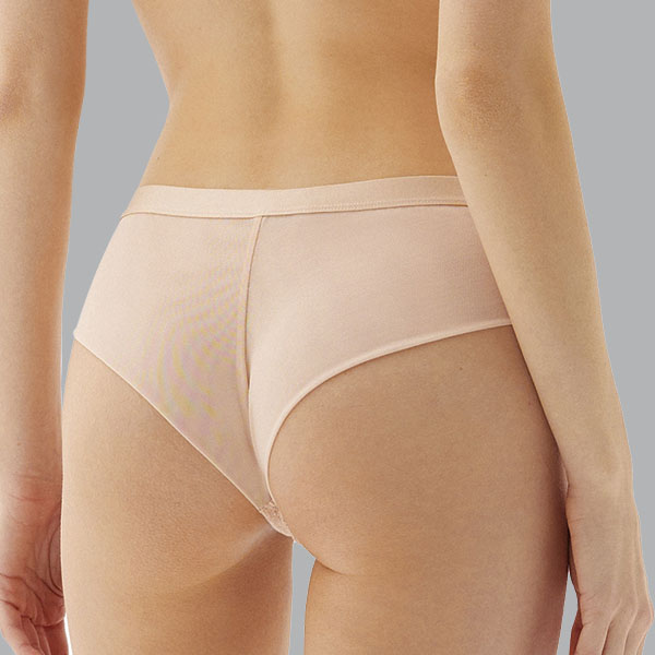 Back of the nude Megami Floria Brief showing the solid fabric and higher Brazilian cut over the buttocks.