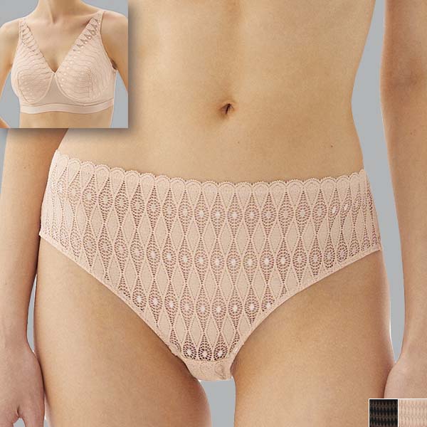 Front of the nude Megami Lotus Brazilian Brief showing the full lace front, and the lined crotch.