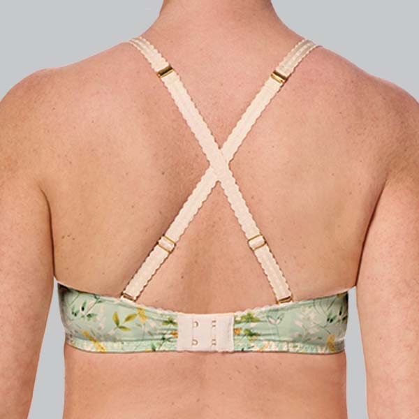 Back of the Amoena Kalina padded wireless bra showing the narrower band and cross-over strap option.