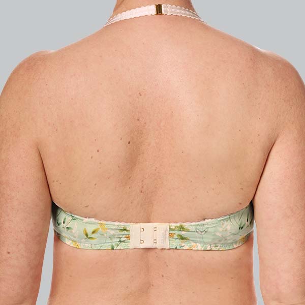 Back of the Amoena Kalina padded wireless bra showing the narrower band and halter neck strap option.
