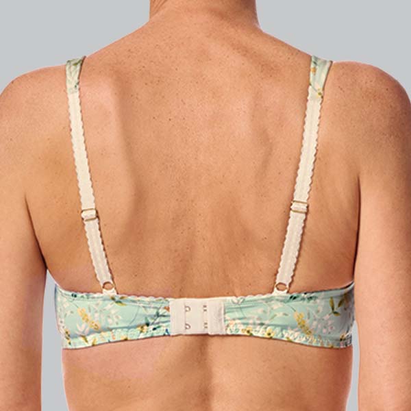 Back of the Amoena Kalina soft wireless bra showing the narrower band, and straps that are wider and padded at the shoulder.