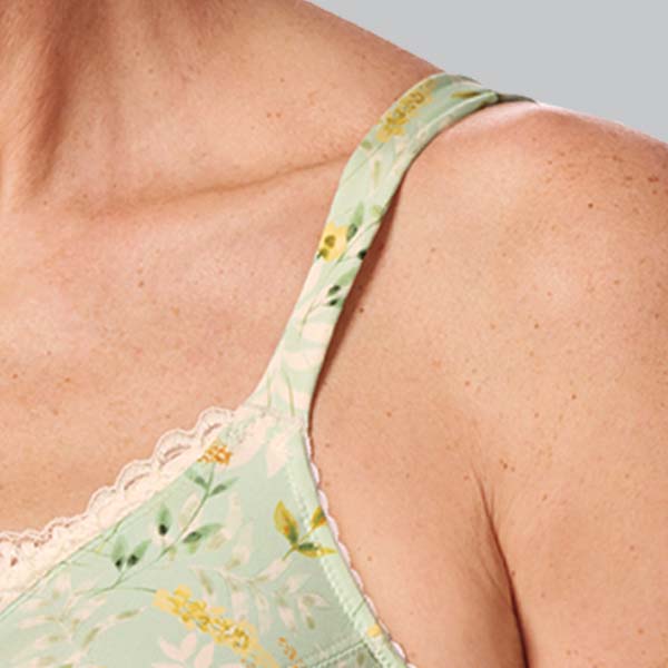 Close-up of the Amoena Kalina soft wireless bra showing that the padded front straps that widen over the shoulder.