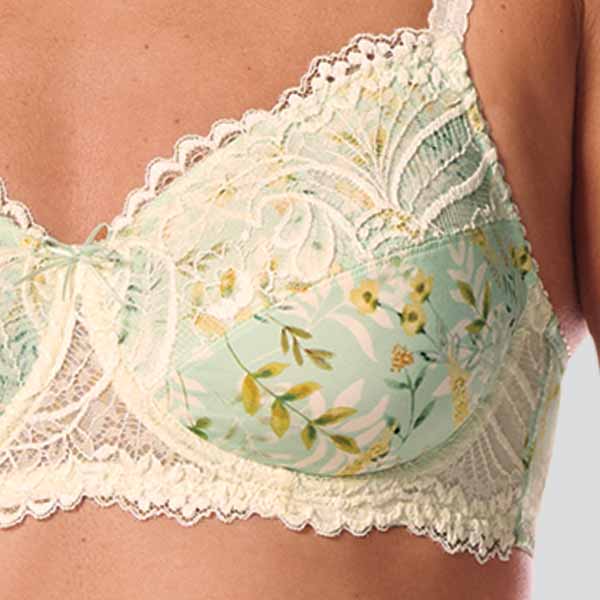Front close-up of the Amoena Kalina soft underwire bra showing the lace upper cup and band, and floral fabric lower cup.