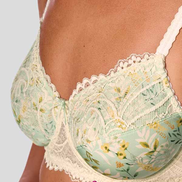 Perspective view of the Amoena Kalina soft underwire bra showing the lower cleavage and rounded breast shape.