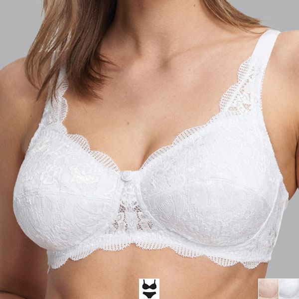Front of the white Susa Latina soft wireless bra showing the medium cleavage has a centre flower and transparent lace detail.