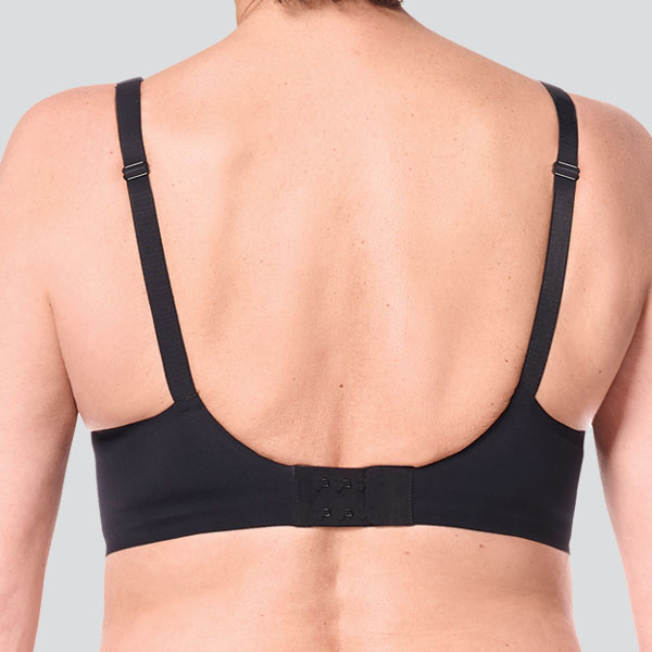 Back of the Esra padded wireless mastectomy bra showing the higher U-shaped back, and medium underarm and straps.