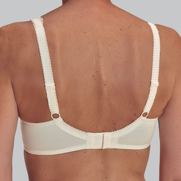 Back of the off-white white Amoena Floria soft wireless bra showing narrower band and straps.