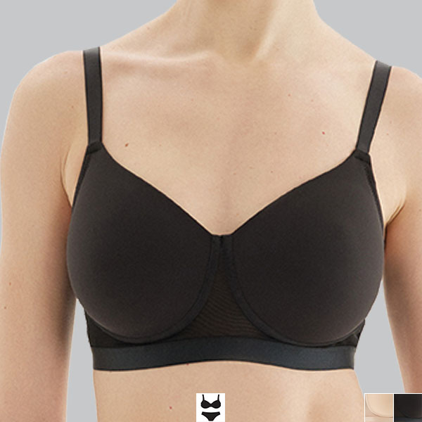 Front of the black Megami Luna t-shirt wireless bra showing the lower cleavage and narrower band and straps.