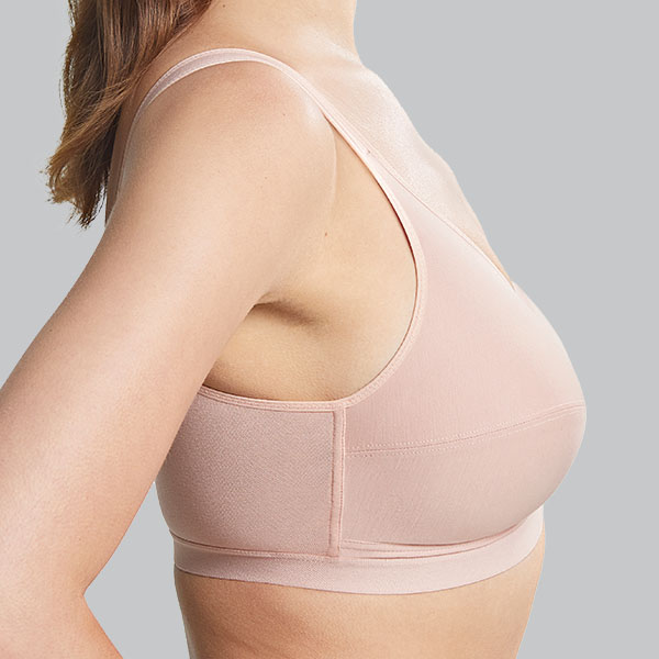 Side view of the Royce Comfi cotton front fastening bra showing the medium height upward curving underarm band.