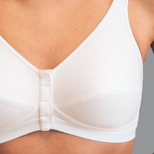 Close-up of the Royce Comfi cotton front fastening bra showing the V-shape lower neckline, cup seam, and front closure.