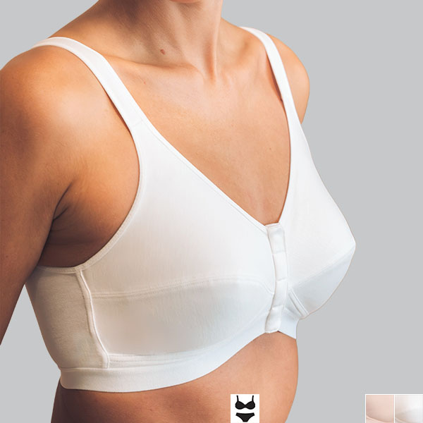 Side perspective of the white Royce Comfi cotton front fastening bra showing how the cup creates lift and projection.