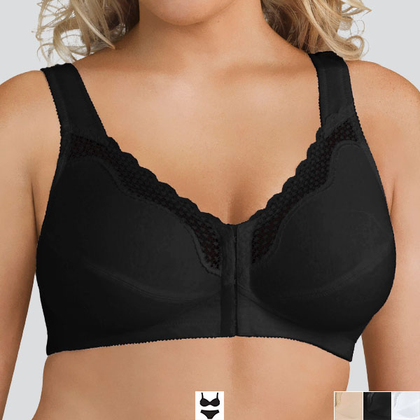 Front of the black Exquisite Form fully front closure posture bra showing the scalloped lace edge detail to the neckline.