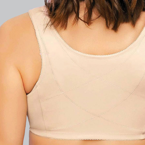 Back of the Exquisite Form fully front closure posture bra showing the higher cut, higher underarm, and wide padded straps.