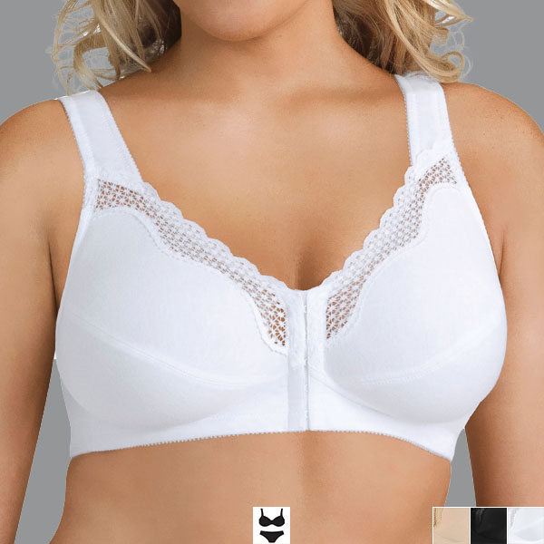 Front of the white Exquisite Form fully front closure posture bra showing the V-shaped cleavage and curving lace detail.