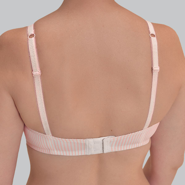 Back of the dust rose/off white Amoena Kennie soft wireless bra showing narrower band and straps.